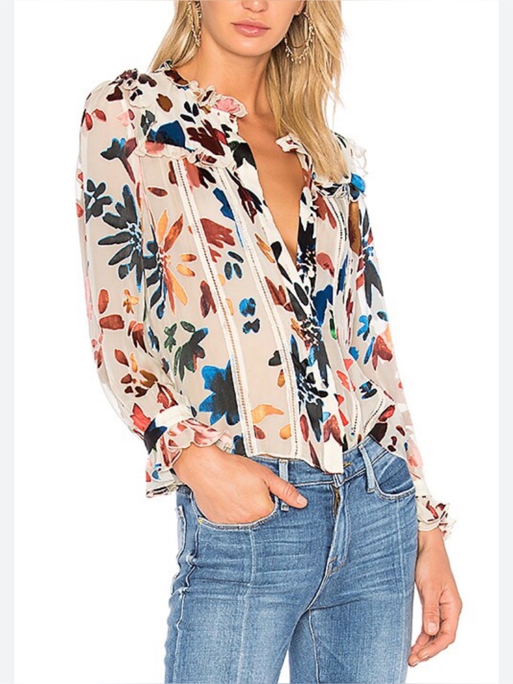 Alice + Olivia Malinda Prisma Floral Ruffle Trim Blouse, Size M, Color Ivory